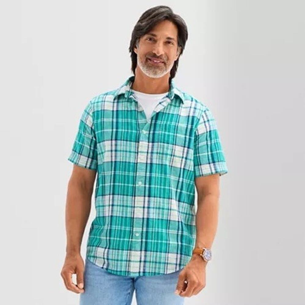 St Johns Bay XXL Short Sleeve Shirt Green Plaid Classic Fit Cotton Linen Pocket